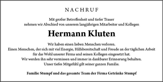 Traueranzeige von Hermann Kluten von Allgemeine Zeitung Bingen/Ingelheim