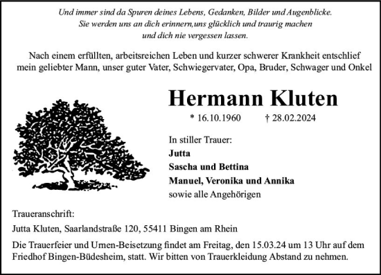 Traueranzeige von Hermann Kluten von Allgemeine Zeitung Bingen/Ingelheim