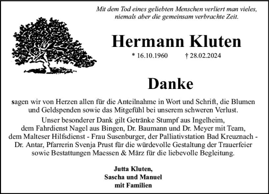 Traueranzeige von Hermann Kluten von Allgemeine Zeitung Bingen/Ingelheim