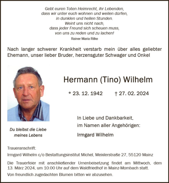 Traueranzeige von Hermann Wilhelm von Allgemeine Zeitung Mainz