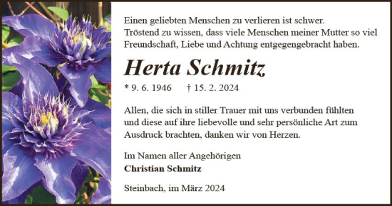 Traueranzeige von Herta Schmitz von Odenwälder Echo