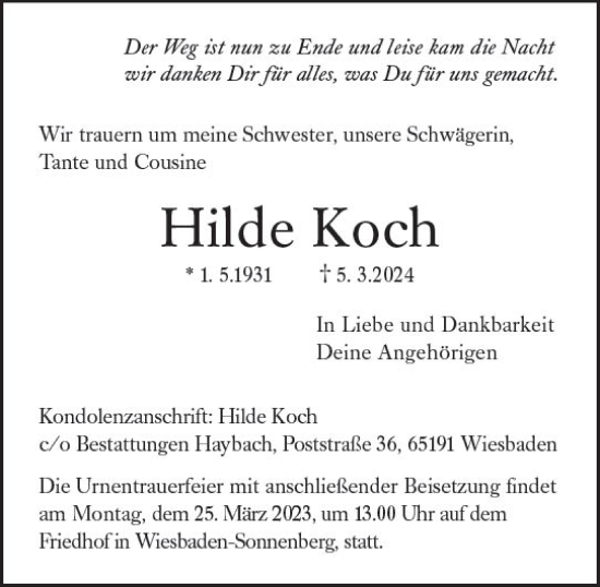 Traueranzeige von Hilde Koch von Wiesbadener Kurier