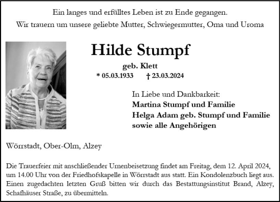 Traueranzeige von Hilde Stumpf von Allgemeine Zeitung Alzey
