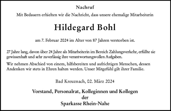 Traueranzeige von Hildegard Bohl von Allgemeine Zeitung Bingen/Ingelheim