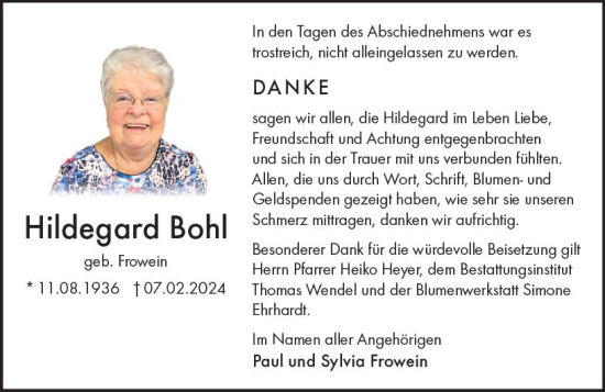 Traueranzeige von Hildegard Bohl von Binger-/Ingelheimer Wochenblatt