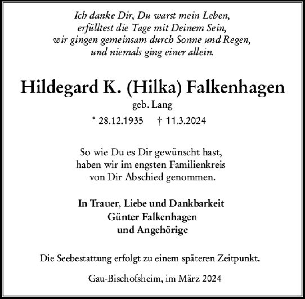  Traueranzeige für Hildegard Falkenhagen vom 23.03.2024 aus Allgemeine Zeitung Mainz