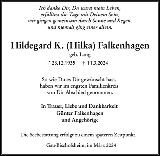 Traueranzeige von Hildegard Falkenhagen von Allgemeine Zeitung Mainz