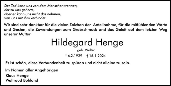 Traueranzeige von Hildegard Henge von Darmstädter Echo