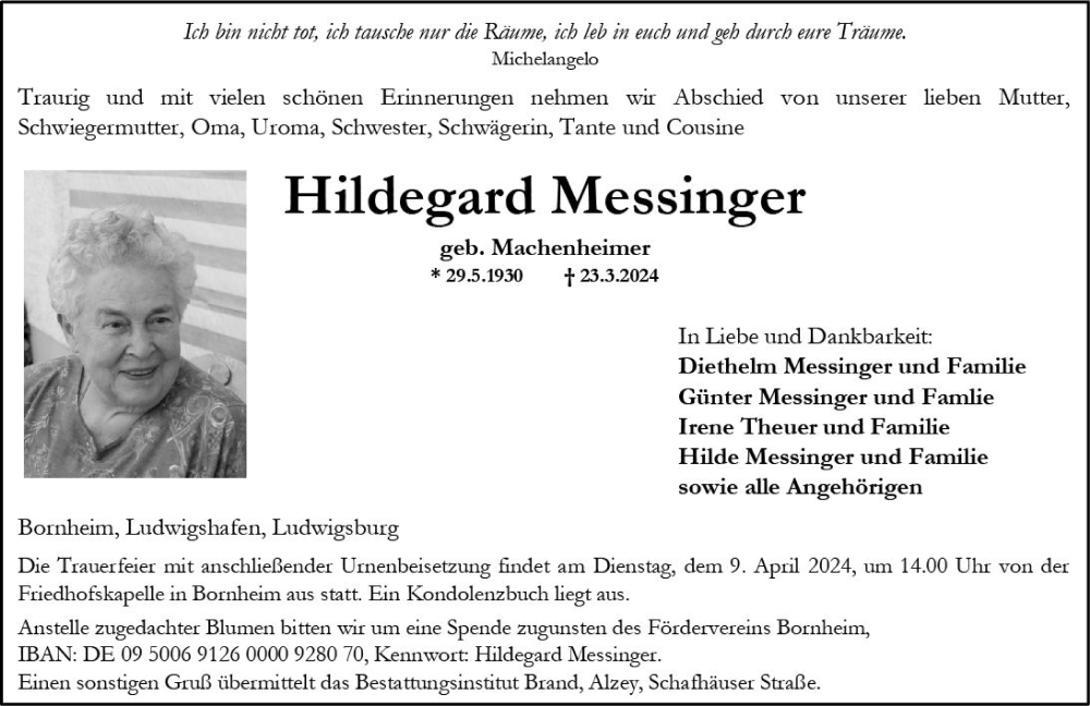  Traueranzeige für Hildegard Messinger vom 30.03.2024 aus Allgemeine Zeitung Alzey