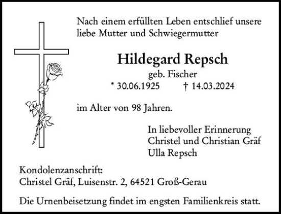 Traueranzeige von Hildegard Repsch von Groß-Gerauer Echo