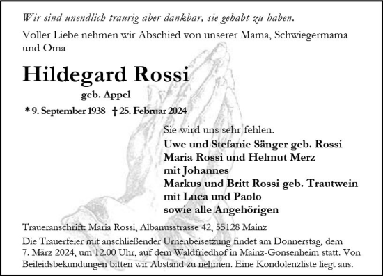 Traueranzeige von Hildegard Rossi von Allgemeine Zeitung Mainz