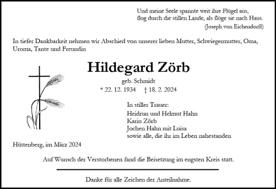 Traueranzeige von Hildegard Zörb von Wetzlarer Neue Zeitung