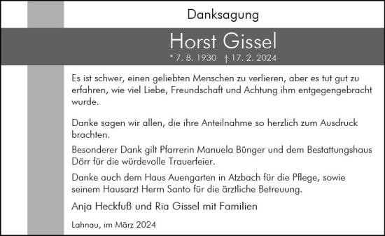 Traueranzeige von Horst Gissel von Wetzlarer Neue Zeitung