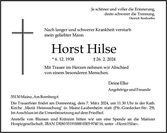 Traueranzeige von Horst Hilse von Allgemeine Zeitung Mainz