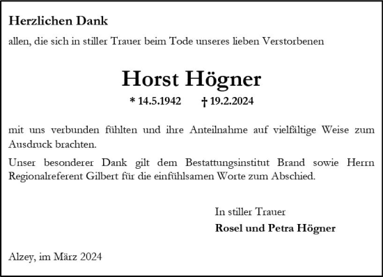 Traueranzeige von Horst Högner von Allgemeine Zeitung Alzey