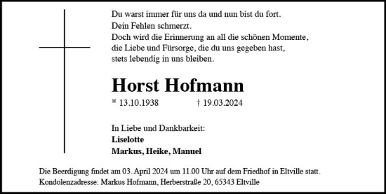 Traueranzeige von Horst Hofmann von Wiesbadener Kurier
