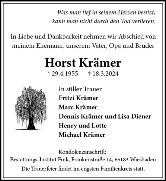 Traueranzeige von Horst Krämer von Wiesbadener Kurier