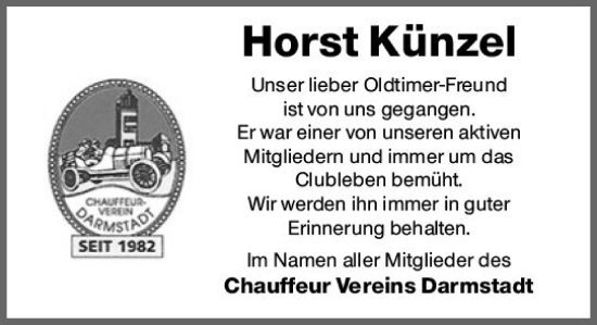 Traueranzeige von Horst Künzel von Darmstädter Echo