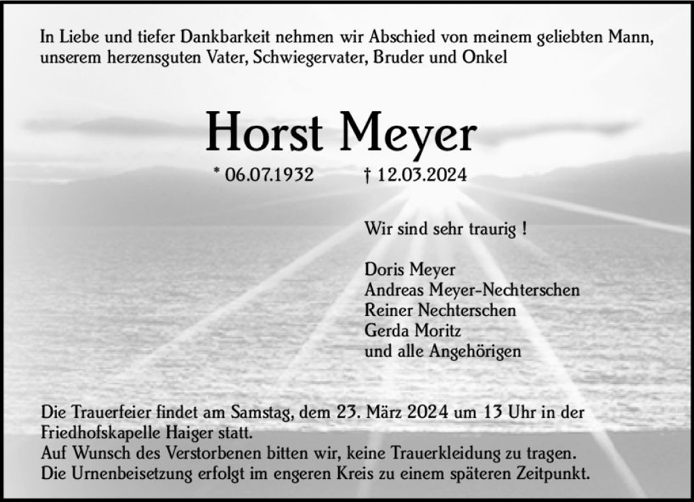  Traueranzeige für Horst Meyer vom 16.03.2024 aus Dill Block