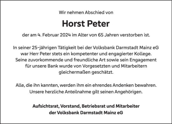 Traueranzeige von Horst Peter von Darmstädter Echo
