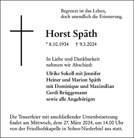 Traueranzeige von Horst Späth von Wetzlarer Neue Zeitung