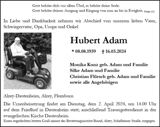 Traueranzeige von Hubert Adam von Allgemeine Zeitung Alzey