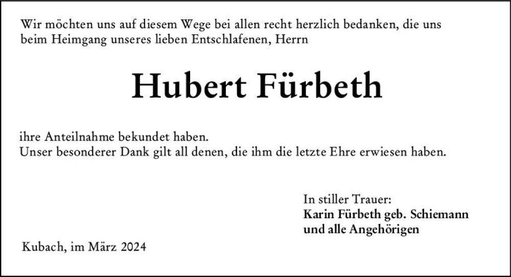  Traueranzeige für Hubert Fürbeth vom 20.03.2024 aus Weilburger Tageblatt