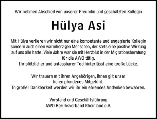 Traueranzeige von Hülya Asi von Allgemeine Zeitung Mainz