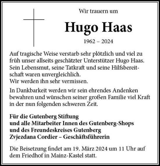 Traueranzeige von Hugo Haas von Allgemeine Zeitung Mainz