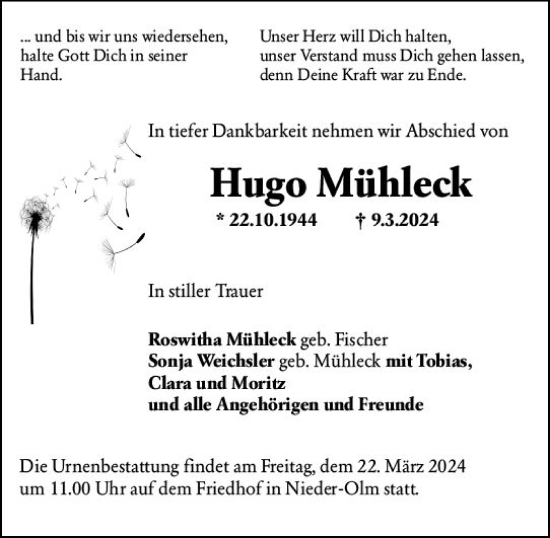 Traueranzeige von Hugo Mühleck von Allgemeine Zeitung Mainz