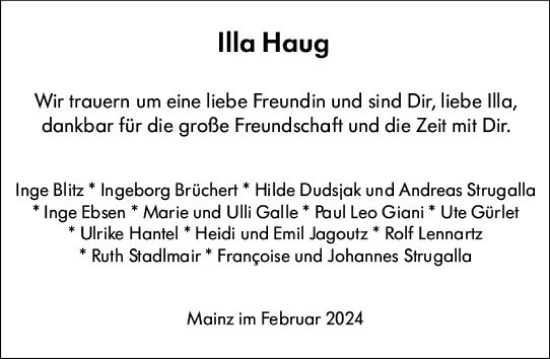 Traueranzeige von Illa Haug von Allgemeine Zeitung Mainz