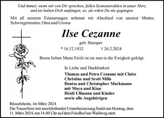 Traueranzeige von Ilse Cezanne von Rüsselsheimer Echo