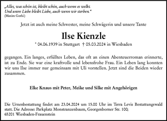 Traueranzeige von Ilse Kienzle von Wiesbadener Kurier