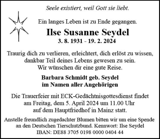 Traueranzeige von Ilse Susanne Seydel von Allgemeine Zeitung Mainz