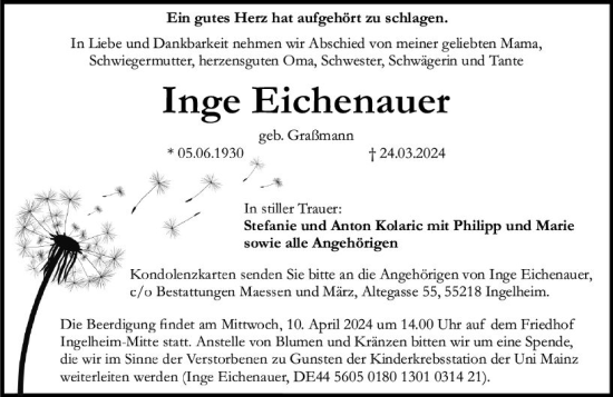 Traueranzeige von Inge Eichenauer von Allgemeine Zeitung Bingen/Ingelheim