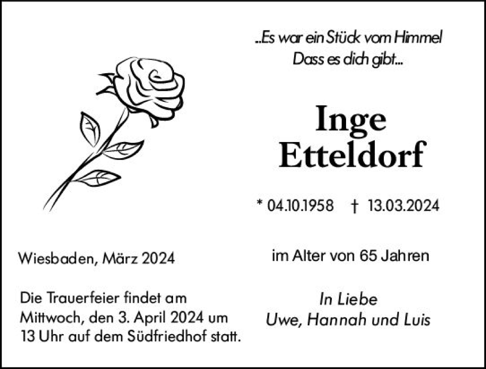  Traueranzeige für Inge Etteldorf vom 23.03.2024 aus Wiesbadener Kurier