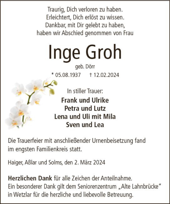 Traueranzeige von Inge Groh von Wetzlarer Neue Zeitung