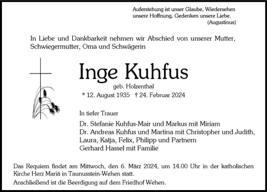Traueranzeige von Inge Kuhfus von Wiesbadener Kurier