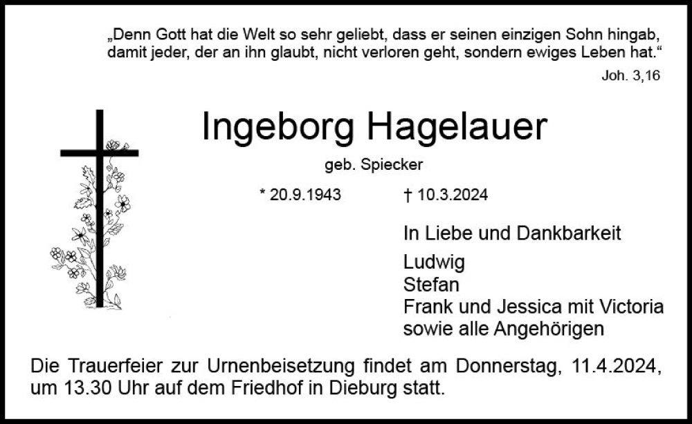  Traueranzeige für Ingeborg Hagelauer vom 16.03.2024 aus Darmstädter Echo