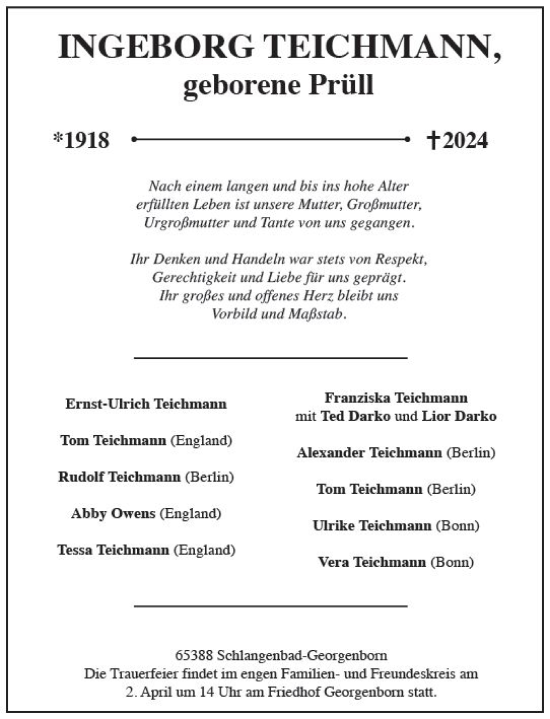 Traueranzeige von Ingeborg Teichmann von Wiesbadener Kurier