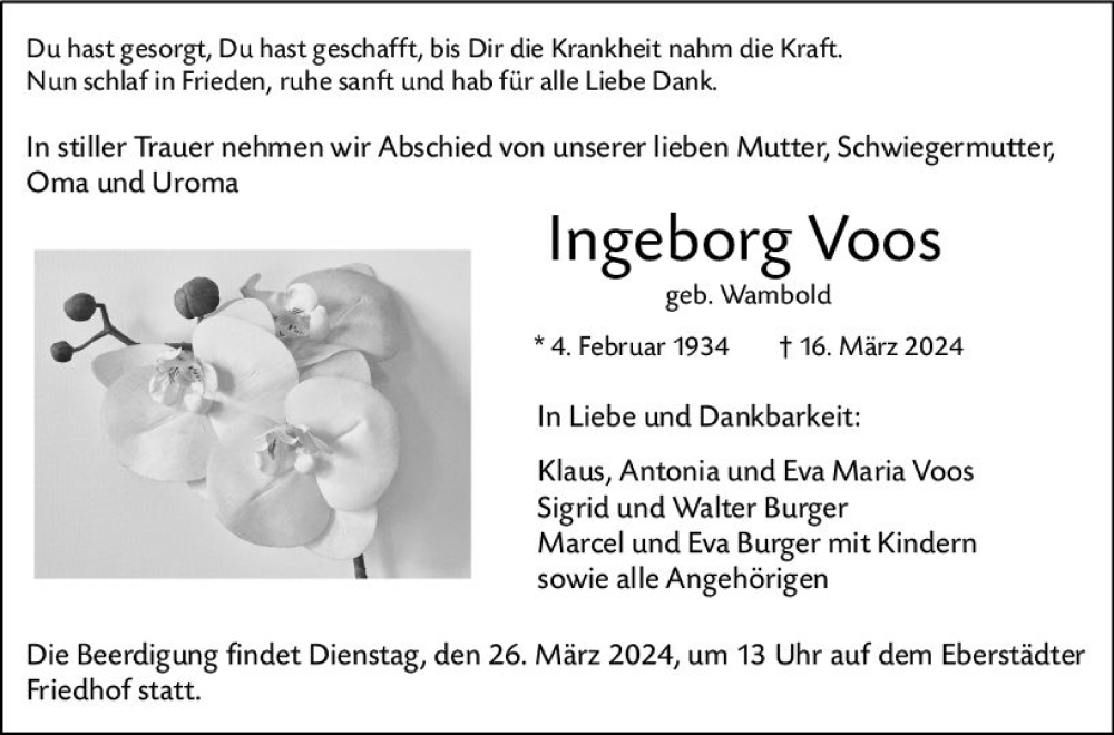  Traueranzeige für Ingeborg Voos vom 23.03.2024 aus Darmstädter Echo