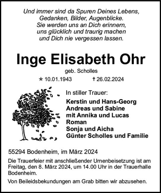 Traueranzeige von Inge Elisabeth Ohr von Allgemeine Zeitung Mainz