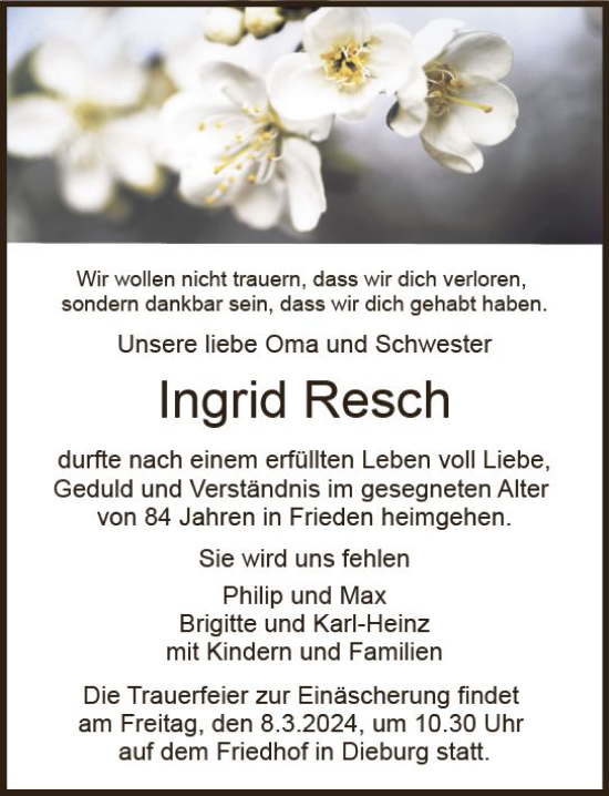 Traueranzeige von Ingrid Resch von Dieburger Anzeiger/Groß-Zimmerner Lokal-Anzeiger