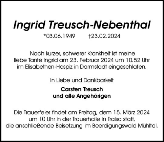 Traueranzeige von Ingrid Treusch-Nebenthal von Darmstädter Echo