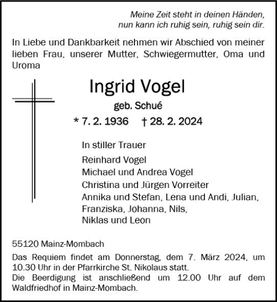 Traueranzeige von Ingrid Vogel von Allgemeine Zeitung Mainz