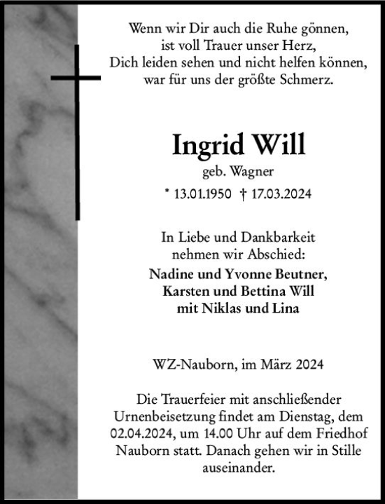 Traueranzeige von Ingrid Will von Wetzlarer Neue Zeitung