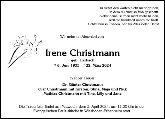 Traueranzeige von Irene Christmann von Wiesbadener Kurier