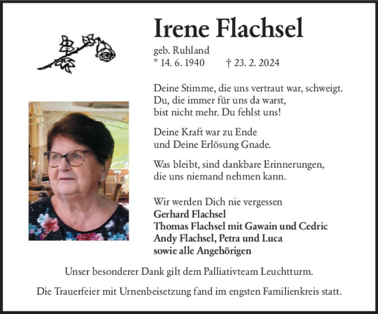 Traueranzeige von Irene Flachsel von Groß-Gerauer Echo