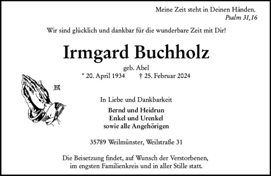 Traueranzeige von Irmgard Buchholz von Weilburger Tageblatt