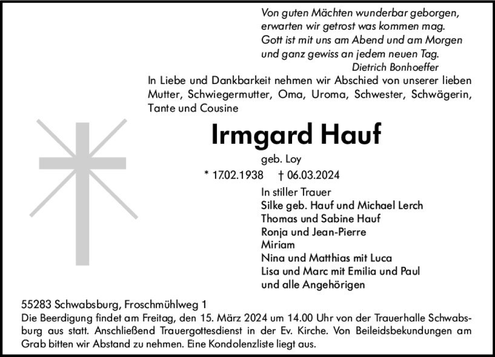  Traueranzeige für Irmgard Hauf vom 09.03.2024 aus Allgemeine Zeitung Mainz